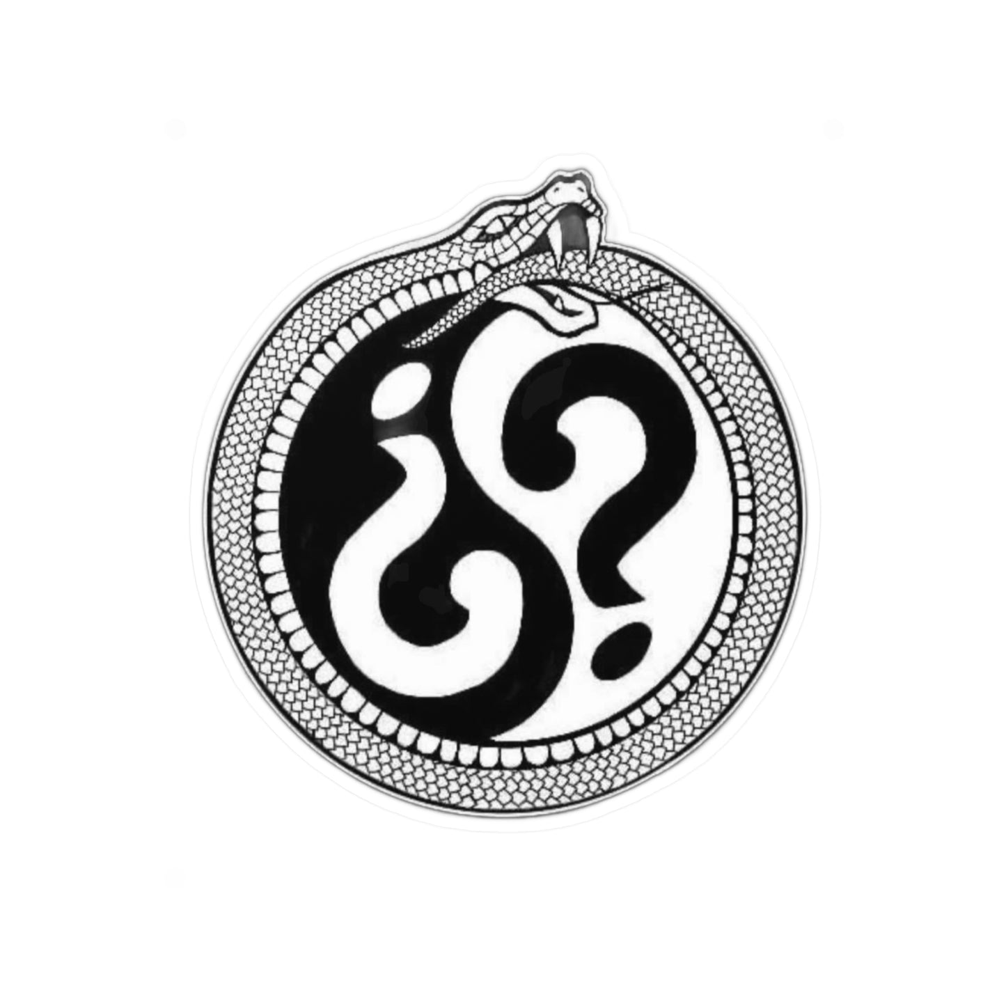 Snake Ouroboros Question Mark Vinyl Sticker — Black & White Kiss-Cut Decal