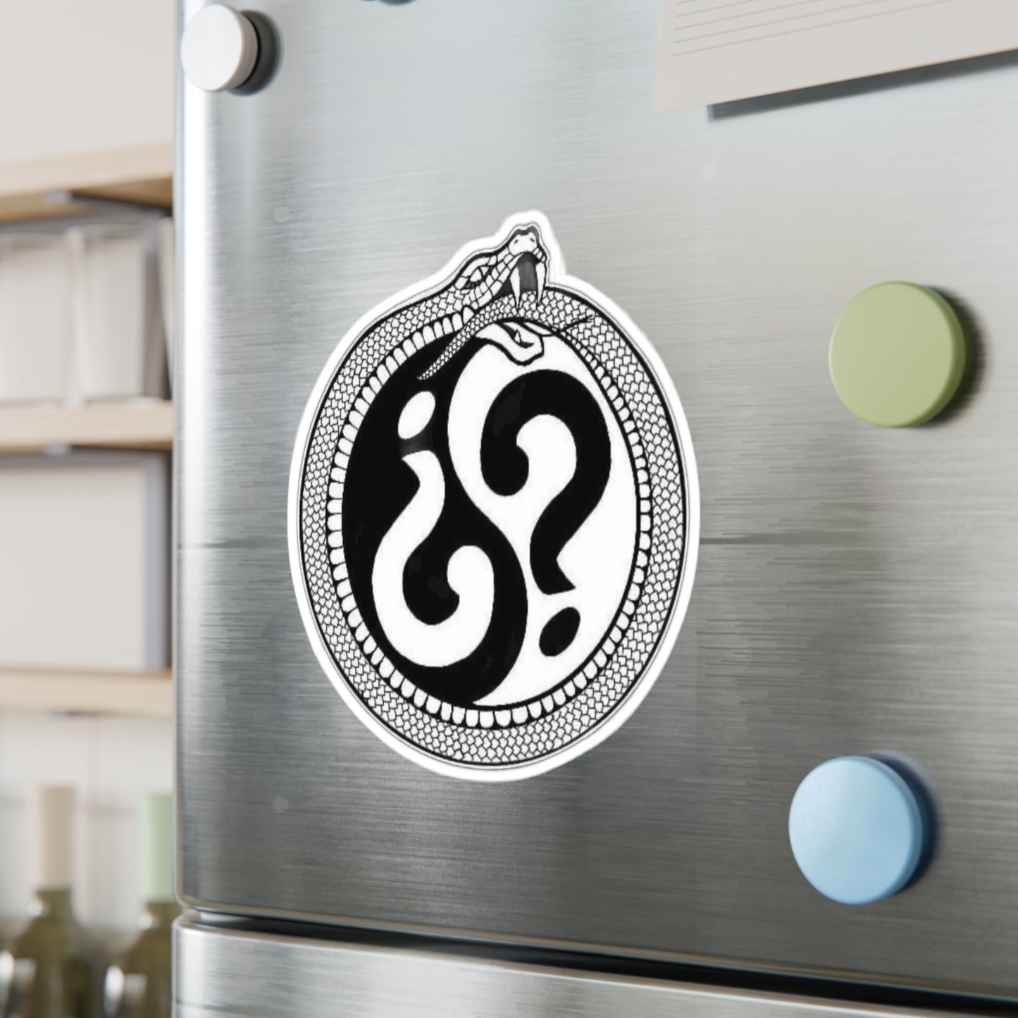 Snake Ouroboros Question Mark Vinyl Sticker — Black & White Kiss-Cut Decal